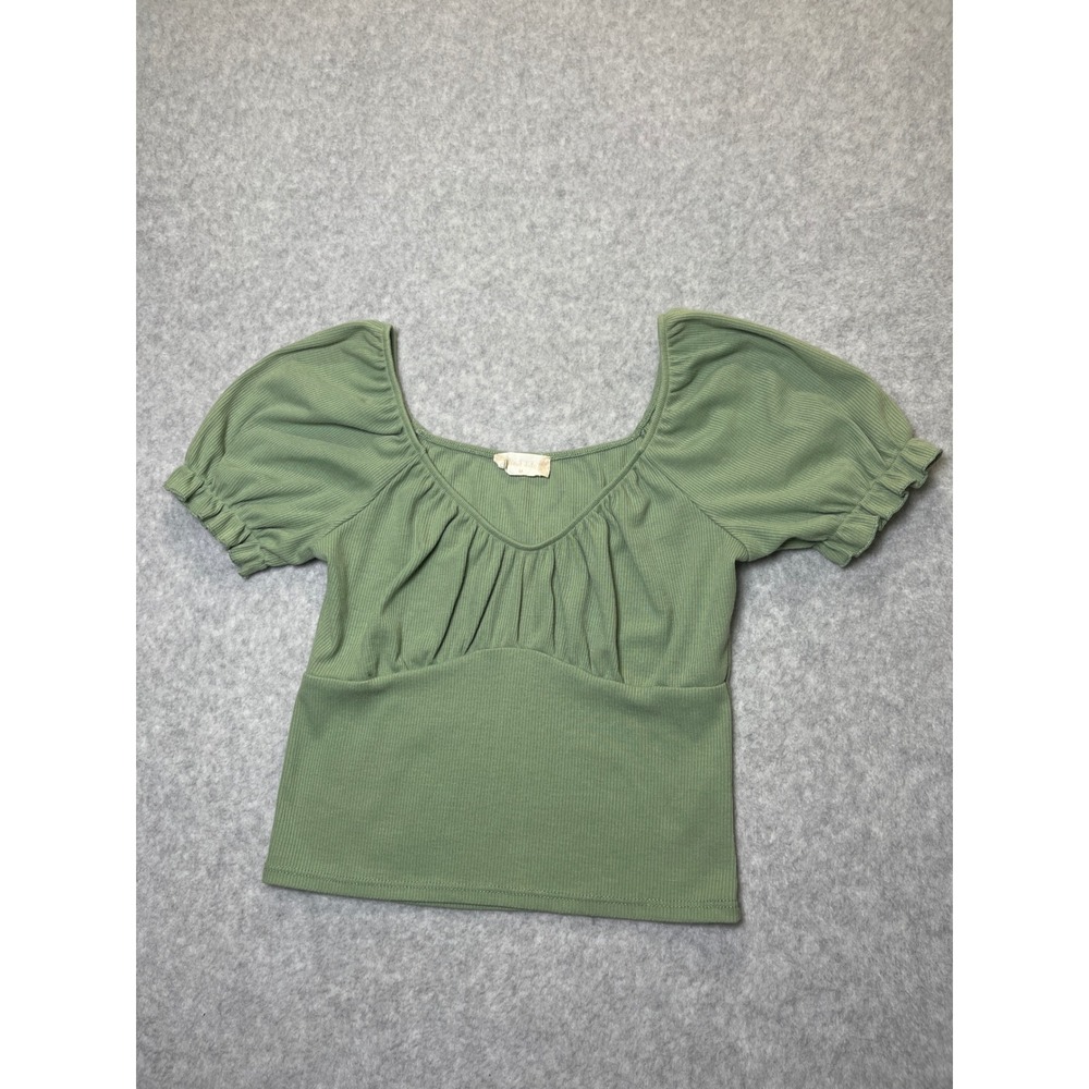 Altar'd State Green Coquette Ribbed Sweetheart Puff Sleeve Fairycore Top